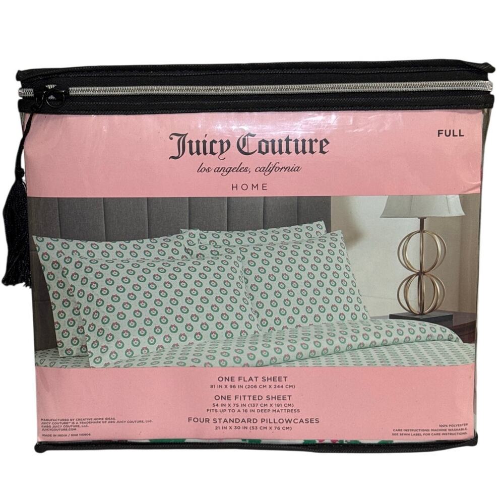 NIP Juicy‎ Couture Home Full Christmas Sheet Set Wreath Print